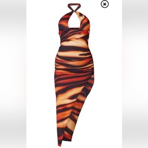 Brown Blurred Tiger Print Slinky Halterneck Midas Dress